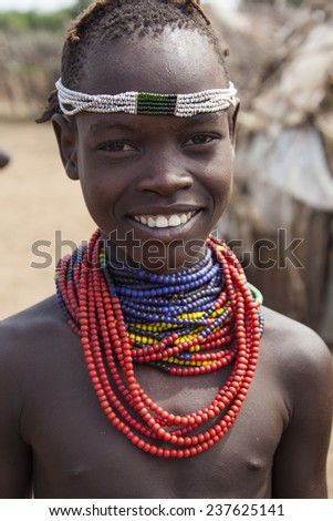 SOUTH OMO - ETHIOPIA - NOVEMBER 23, 2011: Portrait of the unidentified boy from the African tribe Dasanech, in November 23, 2011 in Omo Rift Valley, Ethiopia.