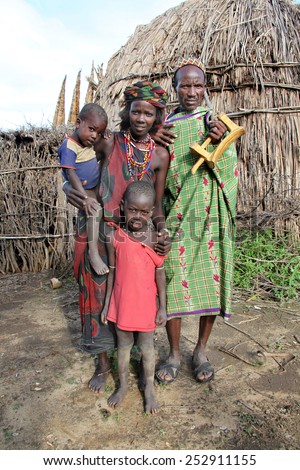 SOUTH OMO - ETHIOPIA - NOVEMBER 25, 2011: Unidentified family of the Dasanech tribe, in November 25, 2011 in Omo Rift Valley, Ethiopia.