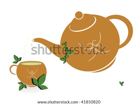 Hot green tea by a breakfast. Beautiful ware. Brown teapot.