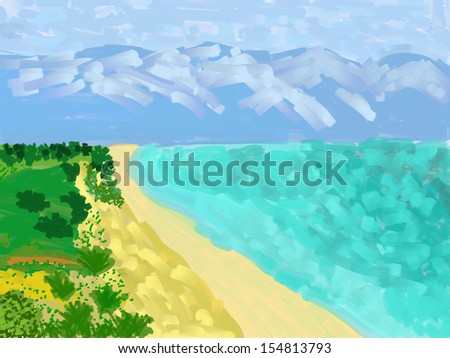 Digital oil painted landscape- water, mountain, beach