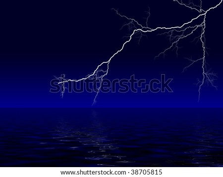Ocean dark blue landscape with thunderstorm lightning