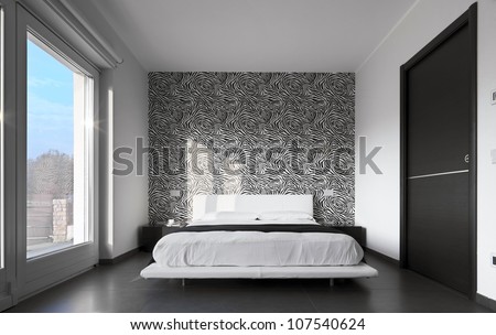 Modern Bedroom With Wall Paper Black And White Stock Photo ...