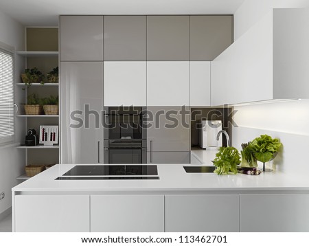 Modern Kitchen With Vgetables On The White Worktop