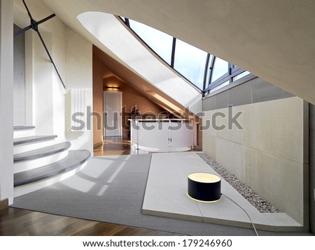 modern attic room with wood floor and skylight