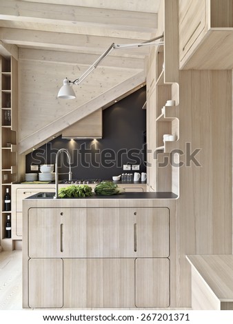 foreground oh a wooden modern kitchen island in the attic room