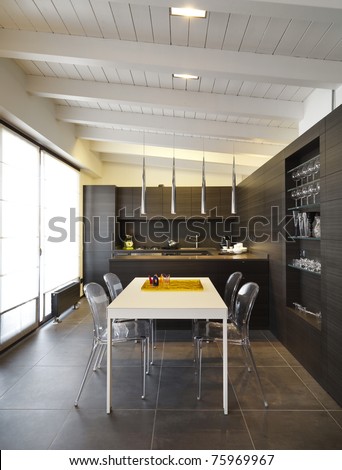 Contemporary Kitchen Tables on Modern Wood Kitchen With White Dining Table Stock Photo 75969967