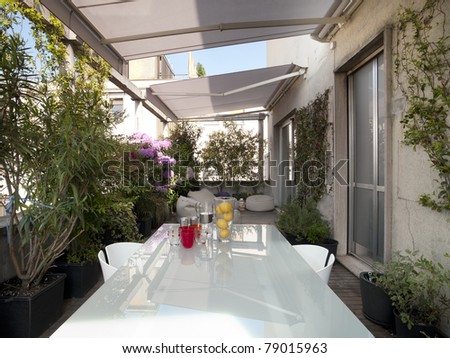 modern terrace with a glass table among plants and flowers
