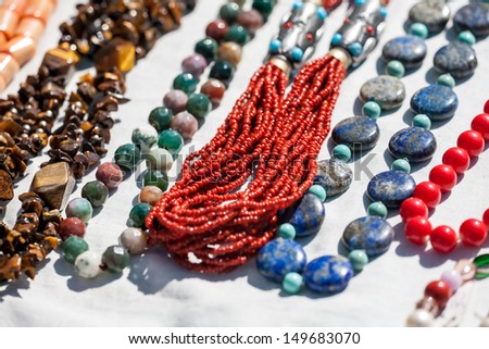 Hand made coral necklaces in a local market