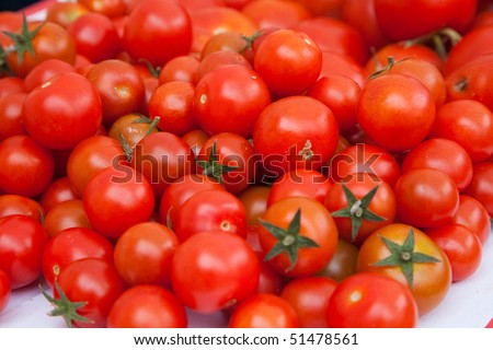 Bunch of red cherry tomatoes with one wrong yellow cherry tomato.ciliegino pachino