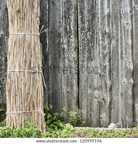 Sheaf of straw is propped against a wall at the left side
