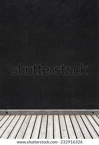 black stucco wall and wooden floor background, chalkboard