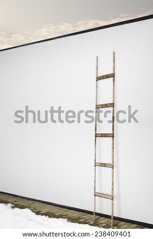 white stucco wall with a wooden ladder, tiled floor background