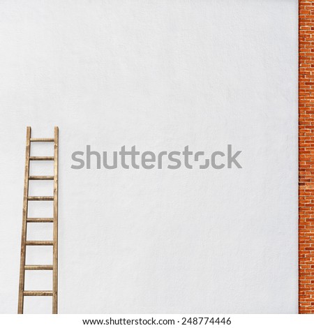 white stucco wall, red brick frame with a wooden ladder background