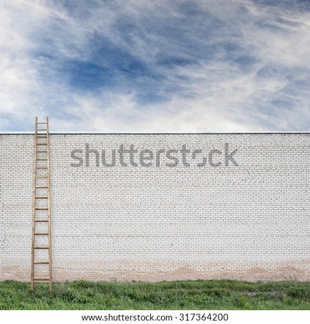 huge white brick wall with a wooden ladder, green grass and cloudy sky background
