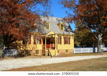 WILLIAMSBURG, VIRGINIA - NOVEMBER 19 2014: The School House in Colonial Williamsburg. The restored town is a living-history museum and a major attraction for tourists and field trips.