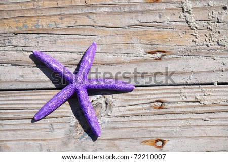 Pretty purple starfish on boardwalk, room for your text