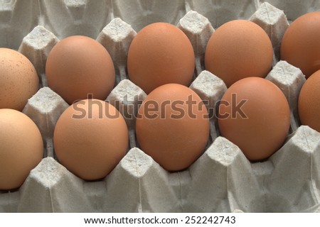Brown eggs on a grey egg carton