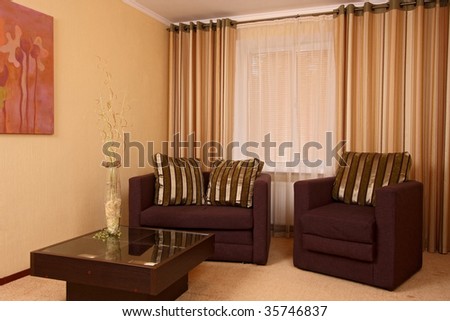 Beautiful modern hall with a sofa, an armchair, and a small little table in the room centre