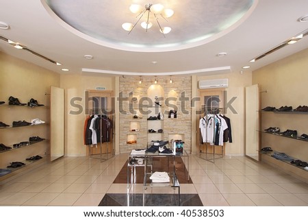 Interior of the big shop of fashionable clothes