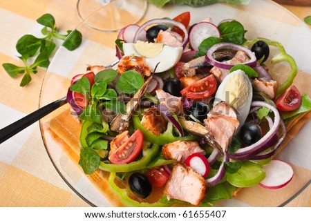 Salad Nicoise with salmon grilled