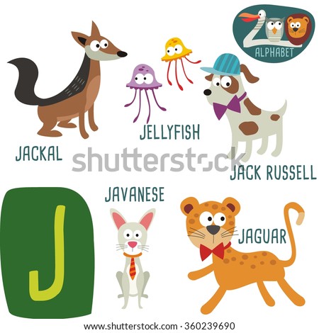 Cute Zoo Alphabet In Vector. J Letter. Funny Cartoon Animals: Jackal