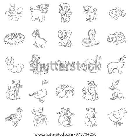 Animal Illustrations. Funny Vector Line Art Doodles Of Goofy Animal 