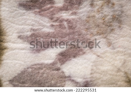 Close up color image of a felted, wool, eco paper technique on hand made material using leaves and natural substances for the color and design. Can be used for background or added texture.