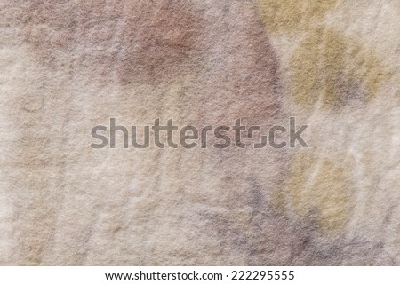 Close up color image of a felted, wool, eco paper technique on hand made material using leaves and natural substances for the color and design. Can be used for background or added texture.