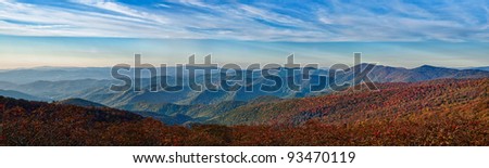 Panoramic image of the autumn color on the Blue Ridge Parkway in North Carolina, USA