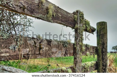 A broken wooden fence on farmland