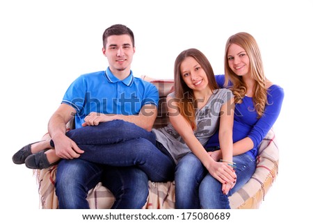 friends sitting on a couch and watching television on  the white background
