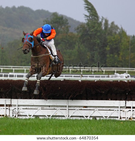 CASTERA VERDUZAN, FRANCE - OCTOBER 4: Yakale S\'Me ridden by M.Mingant jumps a fence during a race at the Baron hippodrome Castera-Verduzan, France on October 4, 2010.
