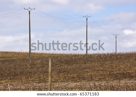 Power lines crossing a field of stubble in SW France
