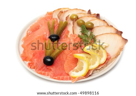 Dish with fish slices, isolated on a white background