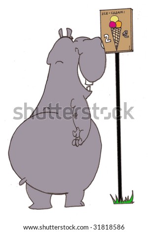 A drawing which represents an hippopotamus in front of a panel with an ice- cream. The hippopotamus is watching this panel with a big smile as he want an ice-cream.