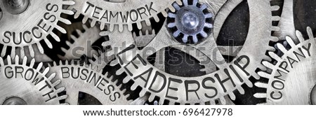 Macro photo of tooth wheel mechanism with LEADERSHIP, TEAMWORK, SUCCESS, COMPANY, GROWTH and BUSINESS concept letters