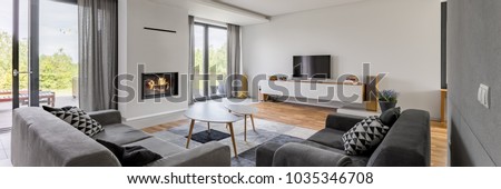 Panoramic view of luxurious living room with fireplace, tv and two couches