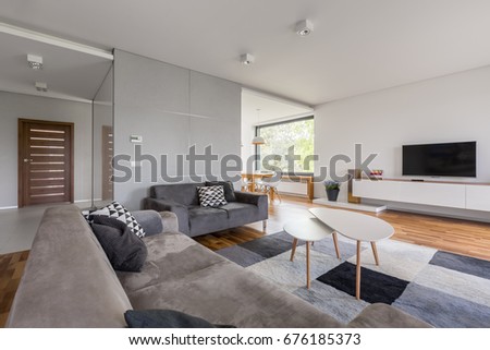 White tv living room with gray sofa, coffee table and carpet