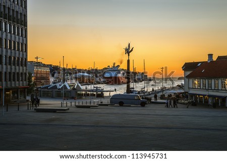 Stavanger port at sunset, Norway.
