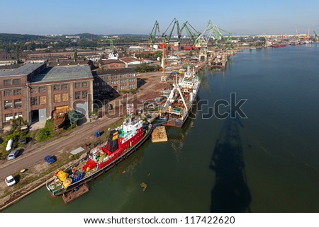 Aerial view of the industrial landscape shipyard in Gdansk, Poland.