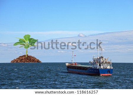 Ship near the island of coffee - a vision of humorous.