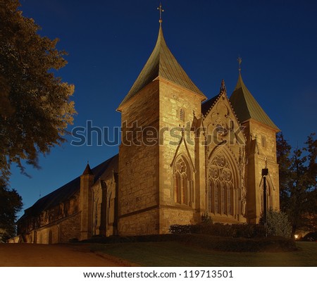 Cathedral at night in Stavanger, Norway. Cathedral bulit from 1125 in Anglo-Roman style.