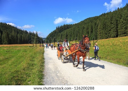 TATRA, POLAND - AUGUST 16: A horse-drawn cart and walking people on August 16, 2012 in the Tatra National Park, Poland. T.N.P. is populanym vacation spot. In 2012 it was visited by 2.2million tourists