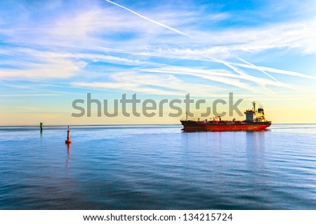 Oil Tanker Ship And Buoy In The Sea.