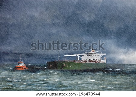 Big ship on sea during a heavy storm with rain.