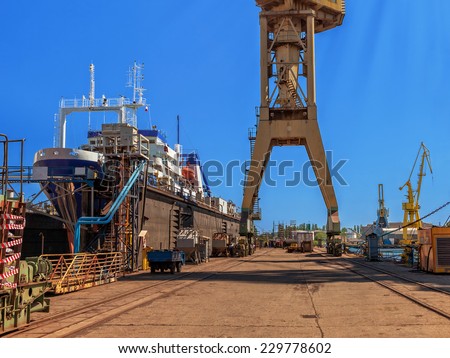 Ship is being renovated in shipyard Gdansk, Poland.