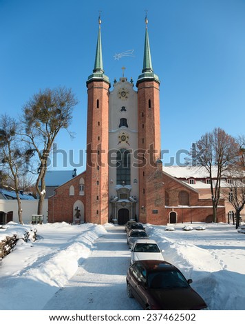 Old famous Cathedral Oliwa in winter, Poland.