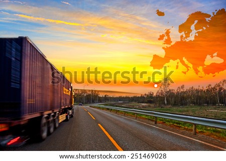 Truck on road on Europe map background - shipping travel concept.