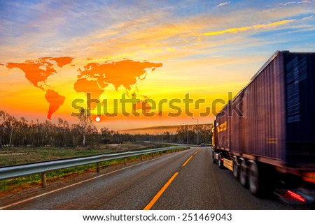 Truck on road and World map background - shipping travel concept.