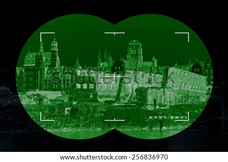 War damage ruins in Gdansk - view through the night vision device.